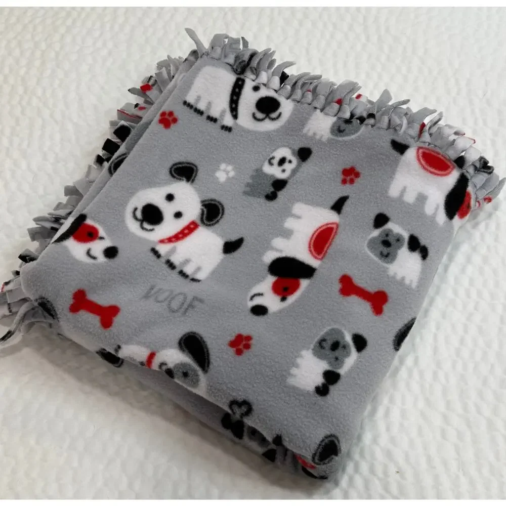 HANDMADE Dog Puppy Fleece Tie Blanket Gray Woof Paw Print Throw Pet Lover 54x52